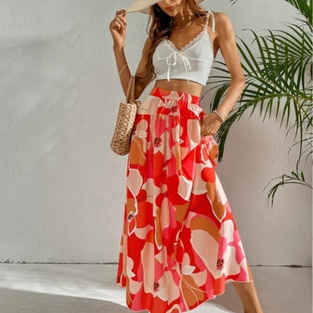 Boho Floral Tropical Maxi Skirt Vacation RED - Picture 3 of 9